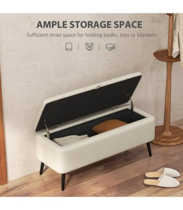 HOMCOM Storage Ottoman Bench, Linen Fabric Footstool with Steel Legs Cream White