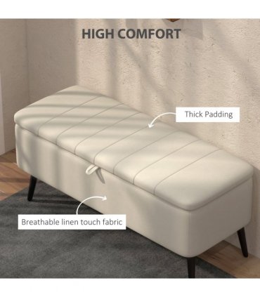 HOMCOM Storage Ottoman Bench, Linen Fabric Footstool with Steel Legs Cream White