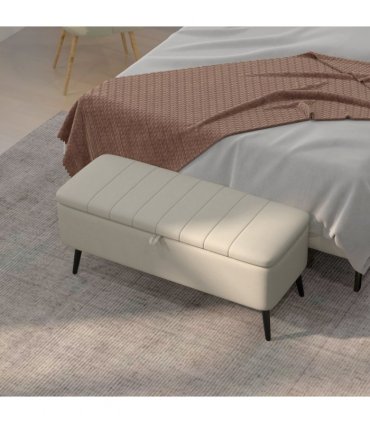 HOMCOM Storage Ottoman Bench, Linen Fabric Footstool with Steel Legs Cream White
