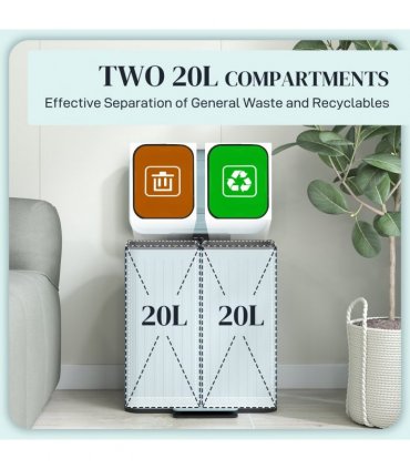 HOMCOM 2 x 20L Double Rubbish Bin, Pedal Bin with Soft-Close Lid, Light Green