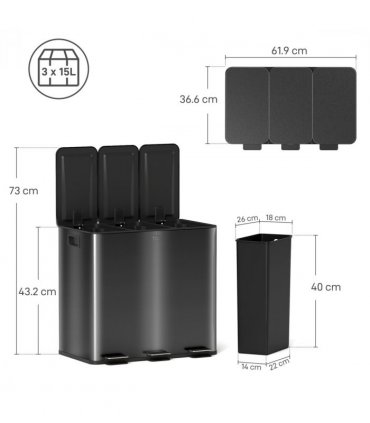 HOMCOM 3 x 15L Triple Kitchen Bin Pedal Bin for Recycling and Waste, Black