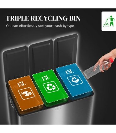 HOMCOM 3 x 15L Triple Kitchen Bin Pedal Bin for Recycling and Waste, Black