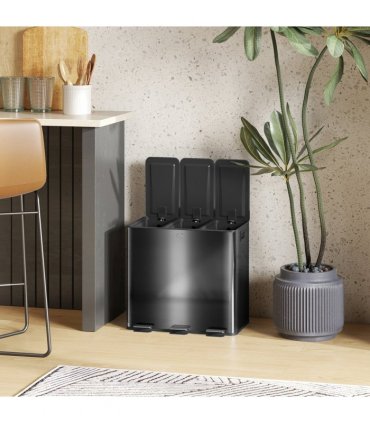HOMCOM 3 x 15L Triple Kitchen Bin Pedal Bin for Recycling and Waste, Black