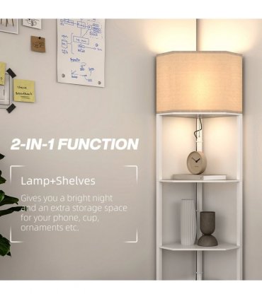 HOMCOM Corner Modern Floor Lamp with Shelves for Living Room, Bedroom, White