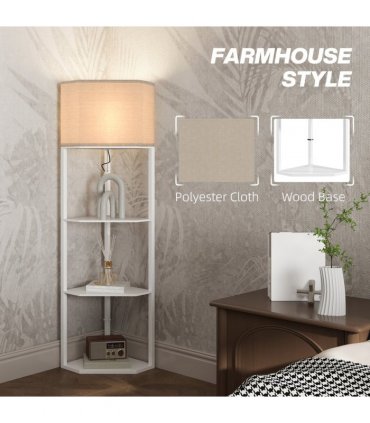 HOMCOM Corner Modern Floor Lamp with Shelves for Living Room, Bedroom, White