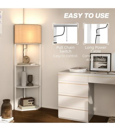 HOMCOM Corner Modern Floor Lamp with Shelves for Living Room, Bedroom, White