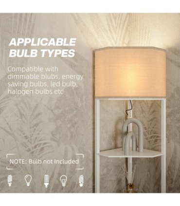 HOMCOM Corner Modern Floor Lamp with Shelves for Living Room, Bedroom, White