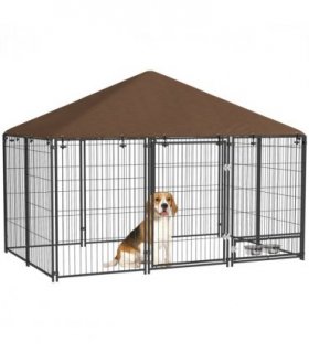 PawHut Outdoor Dog House Kennel with Canopy Top & Lock Rotating Bowl Holder