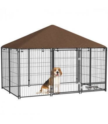 PawHut Outdoor Dog House Kennel with Canopy Top & Lock Rotating Bowl Holder