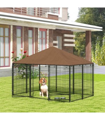 PawHut Outdoor Dog House Kennel with Canopy Top & Lock Rotating Bowl Holder