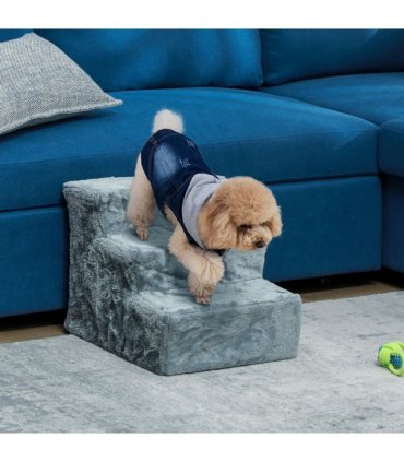 PawHut Three-Step Portable Dog Stairs with Washable Plush Cover, for Small Pets