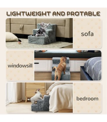 PawHut Three-Step Portable Dog Stairs with Washable Plush Cover, for Small Pets