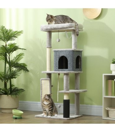 PawHut 132cm Cat Tree for Indoor Cats w/ Scratching Posts, Light Grey