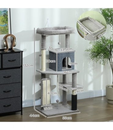 PawHut 132cm Cat Tree for Indoor Cats w/ Scratching Posts, Light Grey