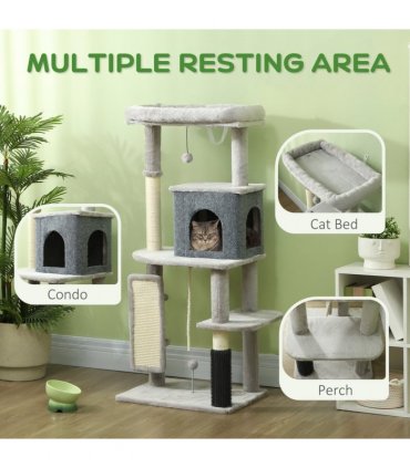 PawHut 132cm Cat Tree for Indoor Cats w/ Scratching Posts, Light Grey