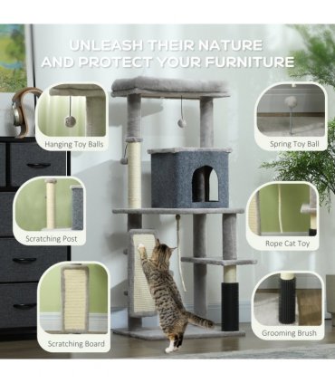 PawHut 132cm Cat Tree for Indoor Cats w/ Scratching Posts, Light Grey