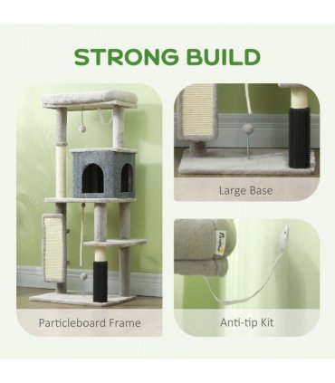 PawHut 132cm Cat Tree for Indoor Cats w/ Scratching Posts, Light Grey