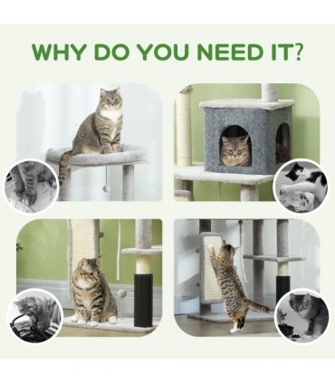 PawHut 132cm Cat Tree for Indoor Cats w/ Scratching Posts, Light Grey