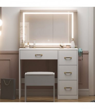 White hemp surface particle board with triamine 4 drawers 2 side push-pull storage rack 1 LED touch mirror dressing table set with power strip and hair dryer holder