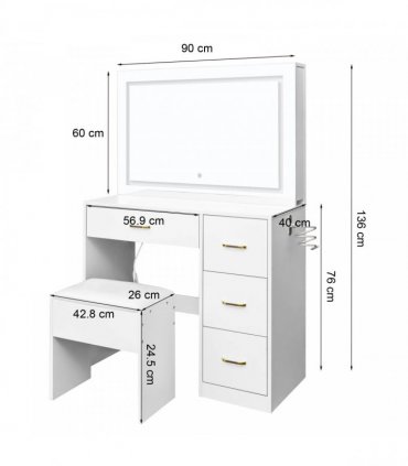 White hemp surface particle board with triamine 4 drawers 2 side push-pull storage rack 1 LED touch mirror dressing table set with power strip and hair dryer holder