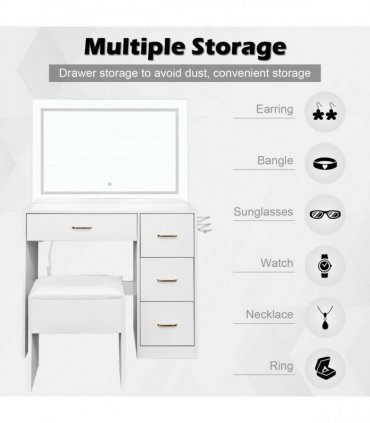 White hemp surface particle board with triamine 4 drawers 2 side push-pull storage rack 1 LED touch mirror dressing table set with power strip and hair dryer holder
