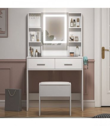 White, hemp surface particle board with triamine, 2 drawers and 4 shelves, dressing table set, LED three-color dimming touch mirror, with power strip, hair dryer holder, glass table top