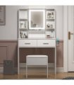 White, hemp surface particle board with triamine, 2 drawers and 4 shelves, dressing table set, LED three-color dimming touch mirror, with power strip, hair dryer holder, glass table top