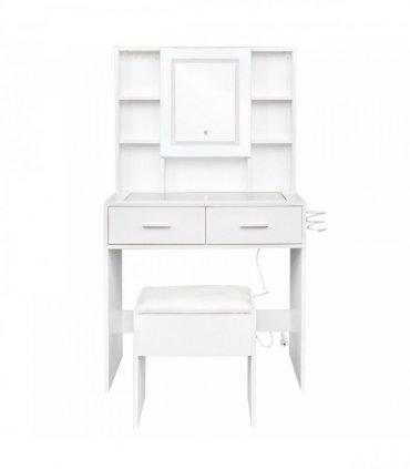 White, hemp surface particle board with triamine, 2 drawers and 4 shelves, dressing table set, LED three-color dimming touch mirror, with power strip, hair dryer holder, glass table top