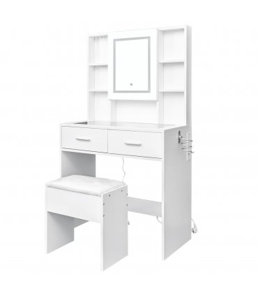 White, hemp surface particle board with triamine, 2 drawers and 4 shelves, dressing table set, LED three-color dimming touch mirror, with power strip, hair dryer holder, glass table top