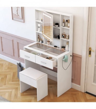 White, hemp surface particle board with triamine, 2 drawers and 4 shelves, dressing table set, LED three-color dimming touch mirror, with power strip, hair dryer holder, glass table top