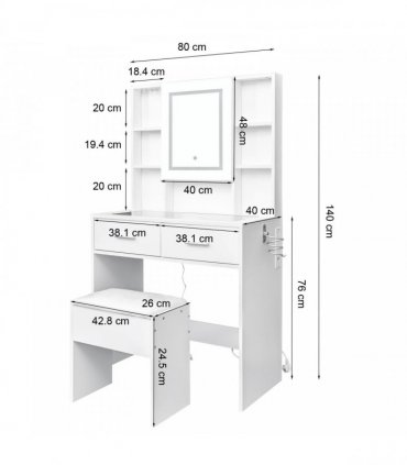White, hemp surface particle board with triamine, 2 drawers and 4 shelves, dressing table set, LED three-color dimming touch mirror, with power strip, hair dryer holder, glass table top
