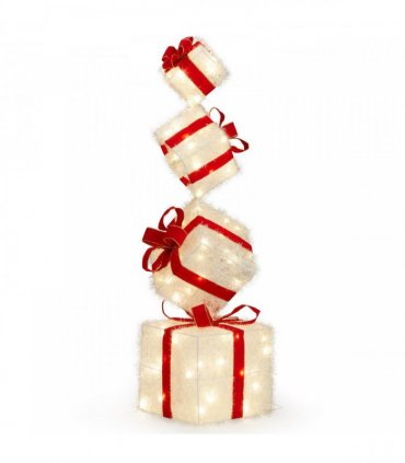 3FT Lighted Gift Box Tower, Pre-lit Stacked Present Boxes Ornament with 80 LED Warm White Lights and Stakes for Christmas Outdoor Indoor Decorations Lighted Holiday Displays