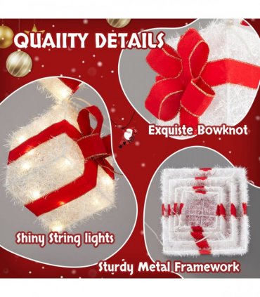 3FT Lighted Gift Box Tower, Pre-lit Stacked Present Boxes Ornament with 80 LED Warm White Lights and Stakes for Christmas Outdoor Indoor Decorations Lighted Holiday Displays