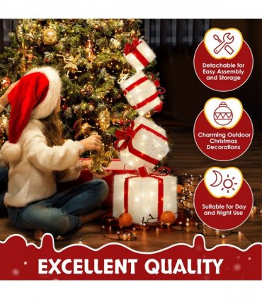3FT Lighted Gift Box Tower, Pre-lit Stacked Present Boxes Ornament with 80 LED Warm White Lights and Stakes for Christmas Outdoor Indoor Decorations Lighted Holiday Displays