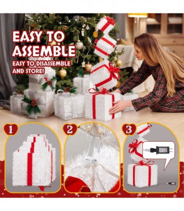 3FT Lighted Gift Box Tower, Pre-lit Stacked Present Boxes Ornament with 80 LED Warm White Lights and Stakes for Christmas Outdoor Indoor Decorations Lighted Holiday Displays