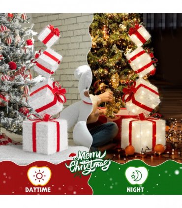 3FT Lighted Gift Box Tower, Pre-lit Stacked Present Boxes Ornament with 80 LED Warm White Lights and Stakes for Christmas Outdoor Indoor Decorations Lighted Holiday Displays
