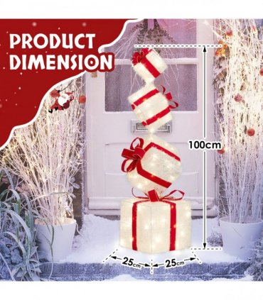 3FT Lighted Gift Box Tower, Pre-lit Stacked Present Boxes Ornament with 80 LED Warm White Lights and Stakes for Christmas Outdoor Indoor Decorations Lighted Holiday Displays
