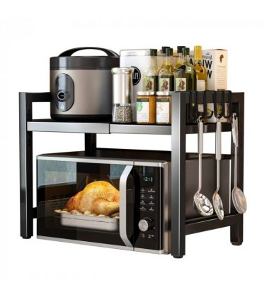 Black single-layer double bar with 6 hooks and extendable kitchen storage rack