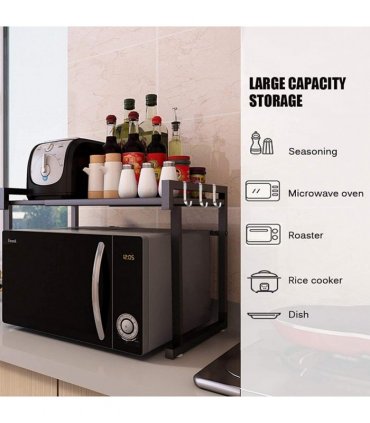 Black single-layer double bar with 6 hooks and extendable kitchen storage rack