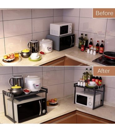 Black single-layer double bar with 6 hooks and extendable kitchen storage rack