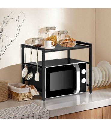 Black single-layer double bar with 6 hooks and extendable kitchen storage rack