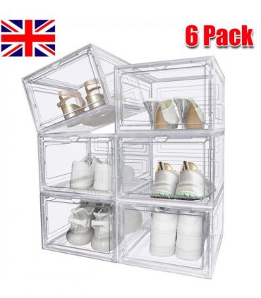 6 Pack Transparent Shoe Storage Boxes Hard Plastic Stackable Shoe Box Organiser