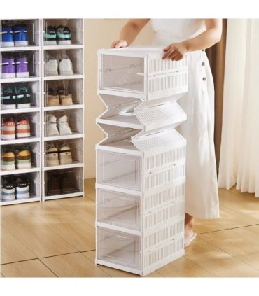 6 Tier Plastic Shoe Storage Box Stackable Foldable Boxes Trainers Organiser
