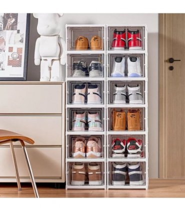 6 Tier Plastic Shoe Storage Box Stackable Foldable Boxes Trainers Organiser