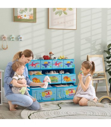 AIYAPLAY 3-Tier Toy Organiser Shelf with 9 Storage Boxes for Bedroom Blue
