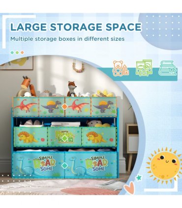 AIYAPLAY 3-Tier Toy Organiser Shelf with 9 Storage Boxes for Bedroom Blue