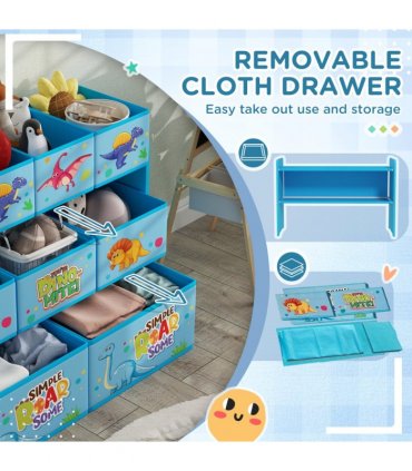 AIYAPLAY 3-Tier Toy Organiser Shelf with 9 Storage Boxes for Bedroom Blue