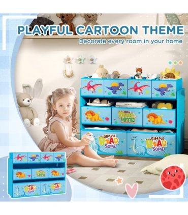 AIYAPLAY 3-Tier Toy Organiser Shelf with 9 Storage Boxes for Bedroom Blue