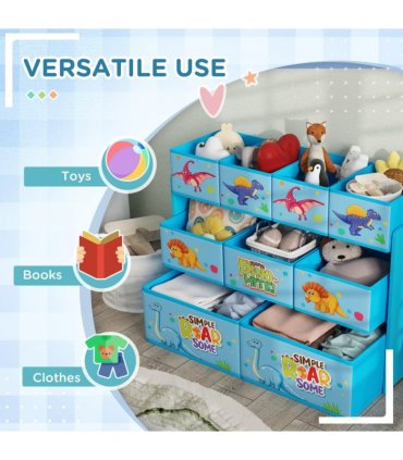 AIYAPLAY 3-Tier Toy Organiser Shelf with 9 Storage Boxes for Bedroom Blue