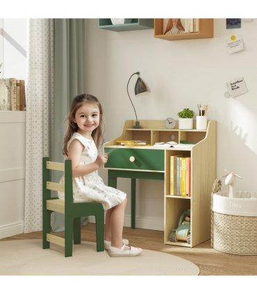 AIYAPLAY Kids Desk and Chair Set with Storage Shelves, Drawer, Green